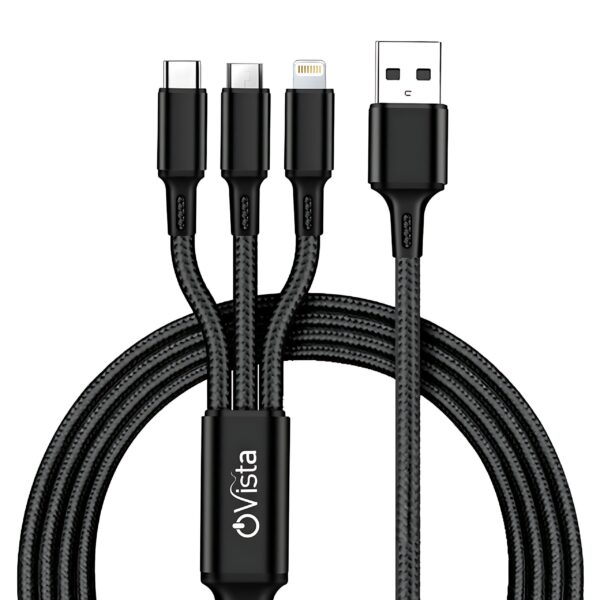 ovista 4.5A Fast Charging 3 In 1 Braided data cable Data Cable Type c, micro, lightning data cable, 480mbps speed data transfer Suitable For All Supported Mobile Phones (OVDM008) - Image 1